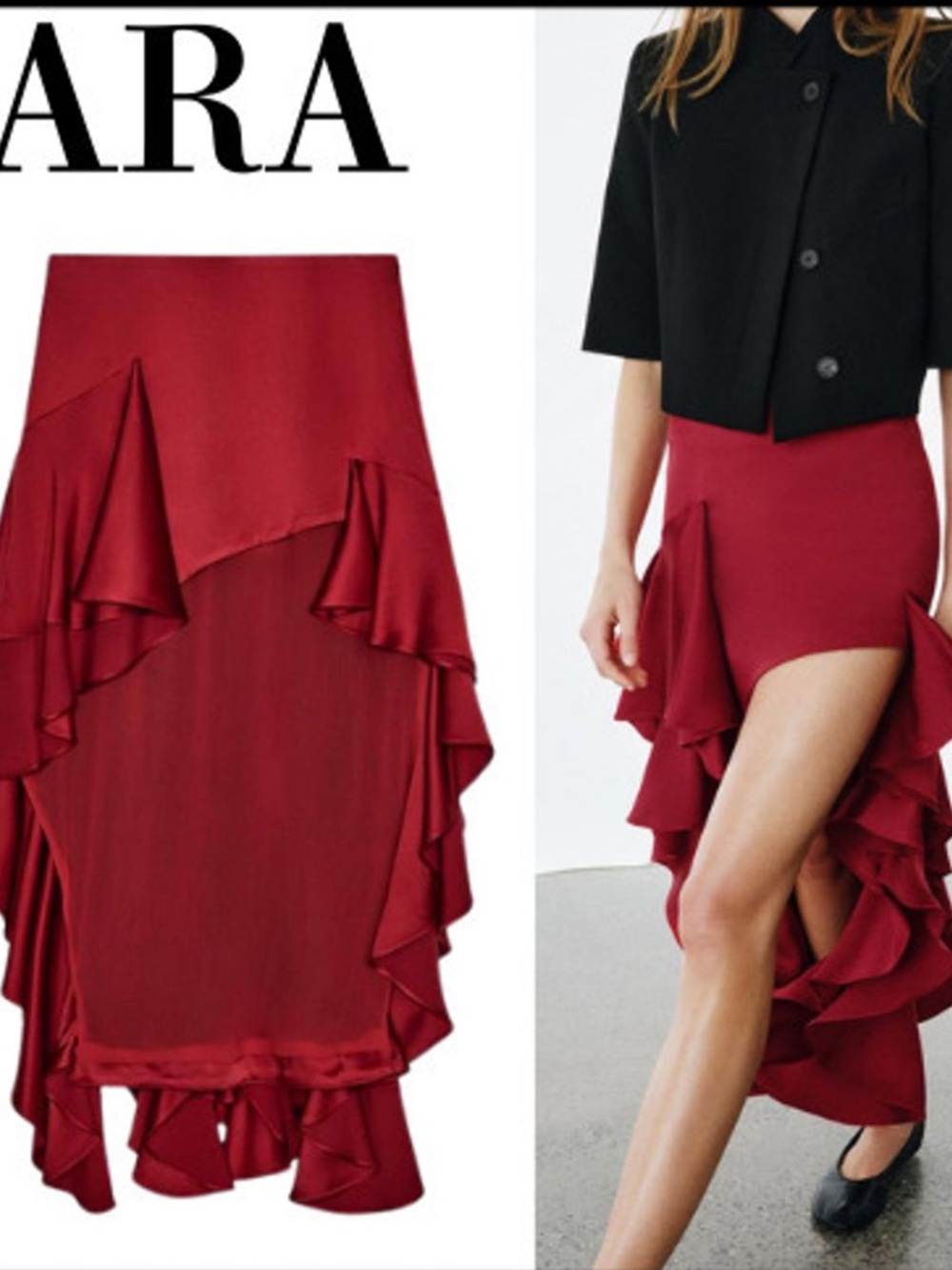 Zara Burgundy Ruffle High-Low Skirt